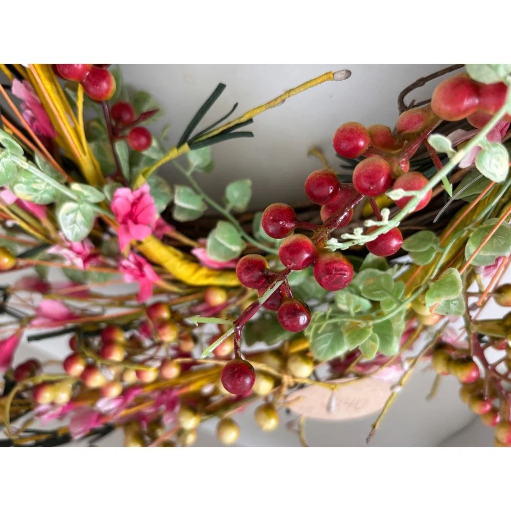 Floral Berry Grapevine Wreath Pink Red Cream Spring Summer Door Decor 24 inch